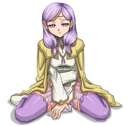 Rule 34 | 1girl, book, fire emblem, fire emblem: path of radiance, fire emblem: radiant dawn, ilyana (fire emblem), long hair, low-tied long hair, nintendo, purple eyes, purple hair, purple thighhighs, simple background, solo, syunzou, thighhighs, white background
