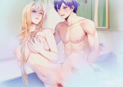 Rule 34 | 1boy, 1girl, alice zuberg, arm held back, bath, black hair, blonde hair, blue eyes, blue nails, breasts, commentary, ellen07, english commentary, hairband, happy sex, hetero, highres, kirito, large breasts, leg lift, nipples, nude, penis, pussy, sex, sex from behind, shared bathing, standing, standing sex, sword art online, sword art online: alicization, tile wall, tiles, vaginal, water, white hairband