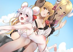 Rule 34 | 3girls, ahoge, anger vein, anila (granblue fantasy), anila (summer) (granblue fantasy), animal ears, ass, baicha, bare shoulders, barefoot, bike shorts, bikini, bikini pull, blonde hair, blue sky, blunt bangs, blush, breasts, cleavage, clothes pull, cloud, collarbone, commentary request, dark-skinned female, dark skin, day, detached sleeves, draph, fake animal ears, granblue fantasy, hair between eyes, hair ornament, horns, kumbhira (granblue fantasy), kumbhira (summer) (granblue fantasy), large breasts, long hair, medium breasts, mouse ears, multiple girls, open mouth, outdoors, pointy ears, red eyes, ribbon-trimmed bikini, ribbon-trimmed sleeves, ribbon trim, saliva, sheep horns, short eyebrows, short hair, silver hair, sitting, sky, spanking, striped bikini, striped clothes, swimsuit, tears, thick eyebrows, tongue, very long hair, vikala (blooming summer wallflower) (granblue fantasy), vikala (granblue fantasy), yellow eyes