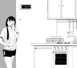 Rule 34 | 1girl, cabinet, character request, covering own mouth, dishes, faucet, girls&#039; frontline, greyscale, hand over own mouth, hand under clothes, hand under shirt, huqu, indoors, ladle, low twintails, monochrome, multicolored hair, open mouth, oven, ro635 (girls&#039; frontline), shirt, short shorts, short sleeves, shorts, sink, solo, streaked hair, timestamp, twintails, yawning