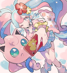 Rule 34 | 1girl, blue skirt, bull sprite (pokemon), cardigan, cellphone, clefairy sprite (pokemon), creatures (company), earrings, fairy miku (project voltage), fish sprite (pokemon), flower, fossil sprite (pokemon), game freak, gen 1 pokemon, hair flower, hair ornament, hatsune miku, highres, holding, holding phone, jewelry, jigglypuff, leg warmers, long hair, making-of available, momose (pon pon post), multicolored hair, nail polish, nintendo, one eye closed, phone, pink cardigan, pink nails, pokemon, project voltage, scrunchie, selfie, skirt, twintails, two-tone hair, very long hair, vocaloid, wrist scrunchie