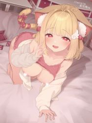 Rule 34 | 1girl, absurdres, ahoge, all fours, animal ear fluff, animal ears, blonde hair, blunt bangs, blush, breasts, cat ears, cat girl, censored, closed eyes, commentary request, condom, condom box, condom wrapper, hair bobbles, hair ornament, heart, heart ahoge, heart censor, highres, kemomimi refle!, kuyukian3, large breasts, looking at viewer, nekoma karin, off shoulder, okamoto condoms, parted lips, ribbon, short hair, solo, tail, tail ornament, tail ribbon, virtual youtuber, wing hair ornament
