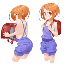 Rule 34 | 10s, 1girl, back, backless outfit, backpack, bag, blush, brown eyes, brown hair, clone, cropped legs, dual persona, eyelashes, flat chest, glasses, naked overalls, no bra, overalls, precure, randoseru, red-framed eyewear, serious, shirabe ako, short hair, suite precure, takoyaki neko-san, topless, white background