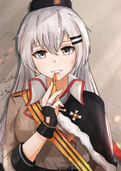 Rule 34 | 1girl, absurdres, black cloak, black gloves, black hat, breasts, brown jacket, bullet, cloak, finger to mouth, fingerless gloves, girls&#039; frontline, gloves, grey eyes, grey hair, hair ornament, hairclip, hat, highres, holding, holding bullet, jacket, jewelry, long hair, looking at viewer, low twintails, medium breasts, military hat, muteppona hito, red star, ring, simple background, solo, standing, star (symbol), svd (girls&#039; frontline), twintails, wall, wedding band