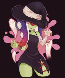 Rule 34 | 1girl, :o, artist name, bandaged arm, bandages, black background, black dress, claw pose, collarbone, colored skin, commentary, dedf1sh, dress, ghost, green skin, halloween costume, hat, highres, infamousavages, long hair, multicolored hair, nintendo, octoling, open mouth, paint splatter, purple hair, red-tinted eyewear, red hair, sanitized (splatoon), side slit, simple background, solo, splatoon (series), splatoon 3, splatoon 3: side order, sunglasses, tentacle hair, tinted eyewear, two-tone hair, witch hat