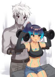 Rule 34 | 1boy, 1girl, black gloves, black sports bra, blue hair, breasts, chest jewel, colored skin, cowboy shot, denim, denim shorts, dumbbell, elbow gloves, exercising, farrel kb, gloves, glowing lines, grey skin, highres, lanz (xenoblade), medium breasts, midriff, navel, open mouth, pants, red eyes, sena (xenoblade), shorts, sports bra, sweat, topless male, white hair, xenoblade chronicles (series), xenoblade chronicles 3