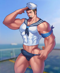 Rule 34 | 1boy, alternate facial hair, alternate pectoral size, bara, biceps, blue eyes, blue male swimwear, blush, brown hair, bulge, chris redfield, clothes lift, clothes pull, covered abs, covered erect nipples, erection, erection under clothes, facial hair, feet out of frame, goatee, grin, hat, jiajiuli, large pectorals, long sideburns, looking at viewer, male focus, male swimwear, mature male, midriff peek, muscular, muscular male, no pants, official alternate costume, one-piece swimsuit pull, pectoral cleavage, pectorals, resident evil, sailor, sailor collar, sailor hat, sailor shirt, salute, shirt, shirt lift, short hair, sideburns, sidepec, smile, solo, swim briefs, thick thighs, thighs