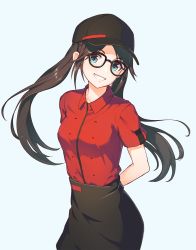 Rule 34 | 1girl, :d, apron, arms behind back, baseball cap, black-framed eyewear, black apron, black hair, black hat, blue background, blue eyes, collared shirt, commentary request, glasses, grin, hat, head tilt, highres, idolmaster, idolmaster shiny colors, kotoribako, long hair, mitsumine yuika, open mouth, red shirt, shirt, short sleeves, simple background, smile, solo, teeth, twintails, upper body, waist apron