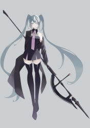 Rule 34 | 1girl, absurdres, black thighhighs, blue eyes, blue hair, collared dress, dress, grey background, halberd, halter dress, halterneck, hatsune miku, highres, holding, holding weapon, jacket, jacket partially removed, kazuna (kazzzuna), long hair, looking at viewer, necktie, parted lips, pink necktie, polearm, single bare shoulder, solo, thighhighs, twintails, very long hair, vocaloid, weapon, zettai ryouiki