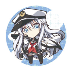 Rule 34 | 1girl, admiral (kancolle) (cosplay), admiral (kancolle), aqua eyes, borrowed clothes, cape, chibi, cosplay, hat, hibiki (kancolle), kantai collection, long hair, lowres, pantyhose, peaked cap, pleated skirt, revision, school uniform, serafuku, silver hair, skirt, solo, teruui, translation request