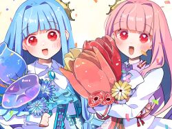Rule 34 | 2girls, blue hair, blue tulip, blush, bow, bowtie, brooch, crown, flower, hair intakes, head tilt, hugging object, jacket, jewelry, kotonoha akane, kotonoha aoi, long hair, long sleeves, looking at viewer, multiple girls, open mouth, orange flower, orange tulip, oversized flower, oyasumi makura, pink hair, red eyes, red flower, red tulip, siblings, side-by-side, simple background, sisters, smile, straight hair, tulip, upper body, voiceroid, white background, white bow, white bowtie, white jacket