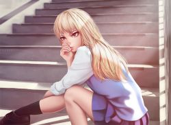 Rule 34 | 10s, 1girl, arm support, artist name, black socks, blonde hair, blue skirt, brown footwear, dust, expressionless, hand on leg, hand on own cheek, hand on own face, indoors, kneehighs, leaning forward, light rays, loafers, long sleeves, looking afar, miura-n315, parted lips, red eyes, sakura-sou no pet na kanojo, shade, shadow, shiina mashiro, shirt, shoelaces, shoes, skirt, socks, solo, stairs, sunlight, sweater vest, teeth, tsurime, watermark, web address, white shirt