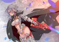 Rule 34 | 1girl, :o, armor, bob cut, bodysuit, breasts, cloak, clothing cutout, covered erect nipples, dutch angle, greaves, grey hair, grey leotard, grey thighhighs, gun, hairband, highleg, holding, holding gun, holding weapon, leotard, looking at viewer, medium breasts, navel, navel cutout, open mouth, original, petals, pointy ears, profile, purple eyes, science fiction, short hair, sidelocks, solo, sweat, tajima ryuushi, thighhighs, thighs, trigger discipline, weapon