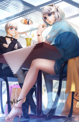 Rule 34 | 1boy, 1girl, :d, adapted costume, aqua nails, bag, black footwear, black jacket, black neckwear, black shorts, black socks, blue eyes, blue nails, blue shorts, blush, bracelet, breasts, casual, chair, choker, clenched teeth, collarbone, commentary request, cup, cutoffs, day, denim, denim shorts, drink, drinking, drinking glass, drinking straw, drone, eyelashes, fingernails, floating, flower, food, fruit, grin, hair between eyes, hair flower, hair ornament, high heels, highres, indoors, jacket, jewelry, kneehighs, legs, lemon, lemon slice, lily (flower), lips, looking at viewer, machinery, mole, mole under mouth, nail polish, nier:automata, nier (series), nollxmai, nose, open clothes, open jacket, open mouth, parted lips, pink lips, pod (nier:automata), see-through, shirt, shoelaces, shoes, shopping bag, shopping district, short hair, short shorts, shorts, signature, silver hair, sitting, small breasts, smile, socks, strapless, table, teeth, toenail polish, toenails, toes, white shirt, 2b (nier:automata), 9s (nier:automata)