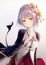 Rule 34 | 1girl, ascot, bad id, bad pixiv id, belt, belt buckle, black coat, blush, breasts, buckle, bug, butterfly, closed mouth, coat, collared shirt, commentary request, flower, gradient background, green eyes, grey ascot, hair flower, hair ornament, hand up, head tilt, horn ornament, horn ribbon, horns, insect, light smile, long sleeves, looking at viewer, medium breasts, open clothes, open coat, original, pleated skirt, red skirt, ribbon, shirt, short hair, sidelocks, silver hair, simple background, skirt, solo, tail, tony42668, upper body, white shirt, wide sleeves, wind