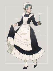 Rule 34 | 1girl, absurdres, aqua hair, black dress, black footwear, border, candle, character name, dress, forurbri, frills, green eyes, grey background, highres, holding, holding candle, holding clothes, key, looking to the side, maid, maid headdress, original, pantyhose, short hair, simple background, smoke, solo, walking, white pantyhose