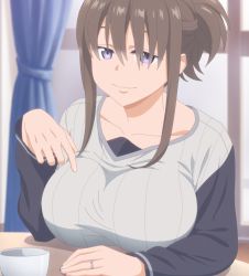 Rule 34 | 1girl, blue eyes, breast rest, breasts, brown hair, collarbone, cup, getsuyoubi no tawawa, hair between eyes, highres, jewelry, large breasts, long sleeves, looking at viewer, maegami-chan (tawawa), pointing, ring, screencap, shirt, smile, solo, stitched, table, third-party edit, wedding ring