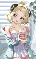 Rule 34 | 1girl, absurdres, animal ears, bare shoulders, black horns, blonde hair, blue eyes, blush, breasts, camisole, cleavage, coffee mug, collarbone, commentary, cowboy shot, cup, frilled jacket, frills, green jacket, hair bun, hair intakes, hair ornament, hairpin, highres, holding, holding cup, hololive, horns, jacket, large breasts, leaf, long sleeves, mug, off shoulder, official alternate costume, official alternate hair length, official alternate hairstyle, open clothes, open mouth, pink nails, pink shorts, purple eyes, sheep ears, sheep girl, sheep horns, short hair, short shorts, shorts, solo, sunlight, swept bangs, tsunomaki watame, tsunomaki watame (loungewear), upper body, virtual youtuber, white camisole, window, yoshidadon