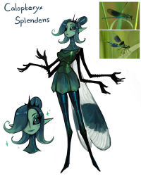 Rule 34 | 1girl, absurdres, arthropod girl, black sclera, closed mouth, colored sclera, colored skin, damsel fly, extra arms, fewer digits, green eyes, green hair, green skin, green skirt, hair bun, hand up, highres, long neck, looking at viewer, matilda fiship, monster girl, no feet, original, pointy ears, simple background, single hair bun, skirt, smile, white background, wings