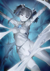 Rule 34 | 10s, 1girl, areola slip, arms up, blue background, blunt bangs, bow, breasts, colored skin, crystal, extra arms, extra ears, extra eyes, extra faces, eyebrows, grey skin, hair ribbon, highres, koutetsujou no kabaneri, light particles, looking at viewer, medium breasts, miyo (13th floor), monster, mumei (kabaneri), nude, outstretched arms, red bow, restrained, ribbon, sidelocks, solo, twintails