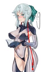 Rule 34 | ..., 1girl, absurdres, armpit cutout, black bodysuit, blush, bodysuit, book, braided hair rings, breasts, clothing cutout, covered erect nipples, covered navel, das (dan dan), earrings, fate/grand order, fate/samurai remnant, fate (series), green eyes, hair ribbon, highres, jewelry, large breasts, long hair, looking at viewer, ponytail, ribbon, sidelocks, solo, thigh cutout, two-tone bodysuit, white bodysuit, white hair, yui shousetsu (fate), yui shousetsu (first ascension) (fate)