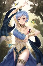 Rule 34 | 1girl, absurdres, arm up, armlet, bird, blue dress, blue hair, bracelet, braid, breasts, brown eyes, commentary, cowboy shot, crown braid, dancer (fire emblem: three houses), doiparuni, dress, earrings, fire emblem, fire emblem: three houses, fire emblem heroes, highres, jewelry, large breasts, looking at viewer, marianne von edmund, neck ring, nintendo, official alternate costume, outdoors, pelvic curtain, short hair, solo, standing, strapless, strapless dress, thighlet, thighs, tree
