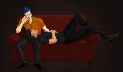 Rule 34 | 2boys, blue hair, brown hair, couch, cu chulainn (fate), earrings, fate/hollow ataraxia, fate/stay night, fate (series), jewelry, kotomine kirei, cu chulainn (fate/stay night), long hair, mosa2, multiple boys, ponytail, red eyes, red upholstery