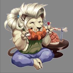 Rule 34 | 1boy, bara, bowl, cancerdoge, chibi, claws, closed eyes, commentary, dislyte, english commentary, fangs, food, furry, furry male, green jacket, grey background, hair tie, heart, holding, holding food, jacket, javid (shamash) (dislyte), lion boy, lion tail, male focus, mane, meat, muscular, muscular male, sleeveless, sleeveless jacket, solo, tail