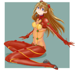 Rule 34 | 1girl, ass, blue eyes, bodysuit, breasts, brown hair, evangelion: 2.0 you can (not) advance, full body, interface headset, kumikouj, long hair, medium breasts, neon genesis evangelion, plugsuit, rebuild of evangelion, red bodysuit, see-through, see-through bodysuit, shiny clothes, souryuu asuka langley, test plugsuit, very long hair, wide hips