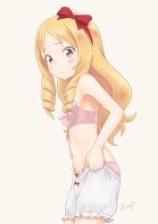 Rule 34 | 1girl, artist name, beige background, bloomers, blush, bow, bow bloomers, bow panties, bra, breasts, brown eyes, closed mouth, cowboy shot, dressing, drill hair, eromanga sensei, from side, frown, hair bow, long hair, looking at viewer, panties, panties under bloomers, pink bra, pink panties, pointy ears, red bow, signature, simple background, small breasts, solo, standing, sunsun69, twin drills, underwear, underwear only, white bloomers, yamada elf