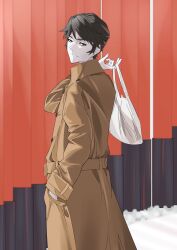 Rule 34 | 1boy, arril100, bag, black hair, brown coat, brown eyes, closed mouth, coat, commentary request, expressionless, from side, hand in pocket, highres, holding, holding bag, kaiki deishuu, long sleeves, looking at viewer, male focus, monogatari (series), multiple torii, outdoors, pale skin, plastic bag, short hair, snow, solo, split mouth, standing, torii, trench coat, turning head