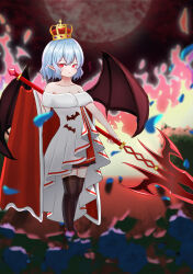 Rule 34 | 1girl, absurdres, alternate costume, bat wings, black thighhighs, blue hair, commentary request, crown, dress, full body, full moon, highres, holding, holding weapon, light blue hair, linuslinus920423, looking at viewer, moon, outdoors, pointy ears, red eyes, remilia scarlet, short hair, solo, spear the gungnir, standing, strapless, strapless dress, thighhighs, touhou, weapon, white dress, wings