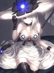 Rule 34 | 10s, 1girl, abyssal ship, armor, armored boots, black gloves, blue eyes, boots, breasts, buckle, choker, cleavage, cleavage cutout, clothing cutout, dress, flower, gloves, hair over one eye, hand on headwear, hat, hat flower, kantai collection, kfr, large breasts, long hair, parasol, seaport summer princess, shell casing, sleeveless, sleeveless dress, solo, spaghetti strap, sun hat, thigh boots, thighhighs, umbrella, white dress, white hair, wristband