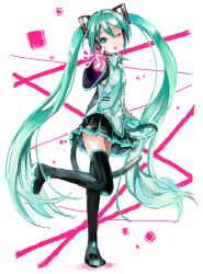 Rule 34 | 1girl, aqua eyes, aqua hair, bad id, bad pixiv id, boots, cat tail, detached sleeves, hatsune miku, headset, kirisawa saki, long hair, musical note, necktie, one eye closed, skirt, solo, tail, thigh boots, thighhighs, twintails, very long hair, vocaloid, wink