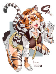 Rule 34 | 10s, 1girl, absolutemabbak, animal ears, animal print, arm support, black hair, bow, collarbone, collared shirt, copyright name, fang, full body, gao, garter straps, gloves, hair bow, hand up, highres, japari symbol, kemono friends, kneeling, long hair, looking at viewer, low-tied long hair, miniskirt, multicolored hair, necktie, open mouth, orange hair, outstretched arm, plaid, plaid bow, plaid necktie, plaid neckwear, plaid skirt, print gloves, print thighhighs, shirt, shoe soles, shoes, siberian tiger (kemono friends), sidelocks, skirt, smile, solo, sound effects, spread legs, striped, striped tail, sweater vest, tail, teeth, thighhighs, tiger ears, tiger tail, twintails, upper teeth only, white hair, yellow eyes, zettai ryouiki