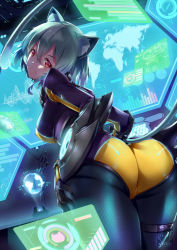 Rule 34 | 1girl, animal ears, aqua hair, ass, blush, bodysuit, breasts, cameltoe, cat ears, cat tail, deep skin, display, from behind, gainoob, gloves, huge ass, large breasts, leaning, leaning forward, looking at viewer, original, red eyes, shiny clothes, short hair, sideboob, skin tight, smile, solo, tail