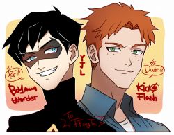 Rule 34 | 2boys, black hair, blue eyes, dc comics, dick grayson, domino mask, grin, male focus, mask, multiple boys, orange hair, robin (dc), smile, wally west, young justice: invasion