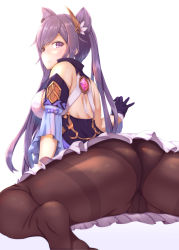 Rule 34 | 1girl, ass, bare shoulders, blush, breasts, cameltoe, dress, embarrassed, from behind, fujita kanbe, genshin impact, gloves, hair ornament, highres, keqing (genshin impact), large breasts, long hair, looking at viewer, looking back, panties, panties under pantyhose, pantyhose, purple eyes, purple hair, shiny skin, short dress, sideboob, simple background, skirt, solo, twintails, underwear, very long hair, vision (genshin impact), white background