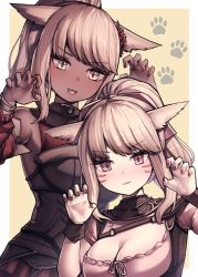 Rule 34 | :3, animal ears, warrior of light (ff14), blonde hair, breasts, cat ears, claw pose, cleavage, cleavage cutout, clothing cutout, dark-skinned female, dark skin, detached sleeves, fang, final fantasy, final fantasy xiv, highres, long hair, looking at viewer, medium breasts, miqo&#039;te, open mouth, ponytail, red eyes, rot lapin, slit pupils, upper body, yellow eyes