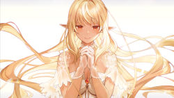 Rule 34 | 1girl, alternate costume, blonde hair, blush, breasts, brooch, choker, cleavage, closed mouth, dark-skinned female, dark skin, dress, elf, floating hair, gloves, hair intakes, highres, hololive, interlocked fingers, jewelry, kotatiyu, large breasts, long hair, looking at viewer, multicolored hair, nails visible through gloves, own hands clasped, own hands together, pointy ears, red eyes, shiranui flare, short sleeves, simple background, smile, solo, streaked hair, upper body, very long hair, virtual youtuber, white background, white choker, white dress, white gloves