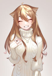 Rule 34 | 1girl, :3, ^ ^, ahoge, aran sweater, bad id, bad pixiv id, breasts, brown hair, cable knit, closed eyes, earrings, eyelashes, eyeliner, facing viewer, fingernails, fushimi gaku, grey background, grin, hair between eyes, hair flaps, hand on own chest, hand up, highres, jewelry, long hair, long sleeves, makeup, medium breasts, mole, mole under eye, necklace, nijisanji, puffy long sleeves, puffy sleeves, ring, ring necklace, simple background, single earring, sleeves past wrists, slit pupils, smile, solo, sweater, turtleneck, turtleneck sweater, upper body, virtual youtuber, white sweater, yatozume