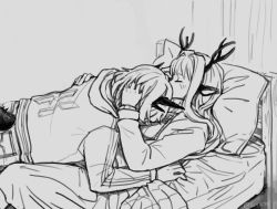 Rule 34 | 2girls, alina (arknights), animal ears, antlers, arknights, bed frame, closed eyes, clothing cutout, commentary, deer antlers, deer ears, deer girl, english commentary, grey background, greyscale, hand in another&#039;s hair, horns, hug, indoors, jacket, long sleeves, lying, lying on person, mattress, monochrome, multiple girls, on back, on bed, on stomach, open clothes, open jacket, pillow, pocket, silverxp, simple background, sketch, tail, tail through clothes, talulah (arknights), twitter username, yuri