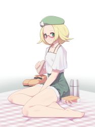 Rule 34 | 1girl, apple, apple slice, barefoot, bianca (pokemon), blonde hair, blush, box, closed mouth, collarbone, commentary request, commission, creatures (company), eyelashes, food, fruit, game freak, glasses, green eyes, green hat, hat, holding, knees, looking at viewer, maidforge, nintendo, picnic basket, pokemon, pokemon bw2, sandwich, semi-rimless eyewear, shirt, shoes, sitting, smile, solo, thermos, toes, unworn footwear, unworn shoes, white shirt