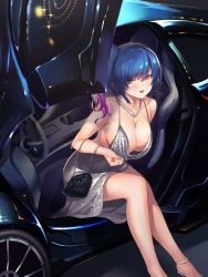 Rule 34 | 1girl, azur lane, backless dress, backless outfit, bag, bare shoulders, blue hair, bracelet, breasts, car, car interior, cleavage, commentary request, dress, evening gown, grey dress, hair between eyes, halter dress, halterneck, handbag, high heels, highres, jewelry, large breasts, looking at viewer, motor vehicle, multicolored hair, parted lips, pink eyes, plunging neckline, revealing clothes, shimotsuki shio, side ponytail, sidelocks, silver dress, silver footwear, sitting, st. louis (azur lane), st. louis (luxurious wheels) (azur lane), thighs