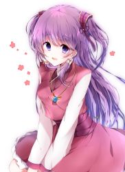 Rule 34 | 1girl, aisha landar, alternate costume, artist name, bad id, bad pixiv id, dress, elsword, hair tubes, jewelry, long hair, necklace, pinb, purple eyes, purple hair, red dress, smile, solo, two side up, v arms, white background