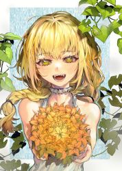 Rule 34 | 1girl, absurdres, bare shoulders, blonde hair, bouquet, braid, collar, commentary, dress, fangs, flower, frilled collar, frills, frog, green eyes, highres, holding, holding bouquet, leaf, long hair, looking at viewer, maido mido, open mouth, original, solo, sundress, upper body, white dress