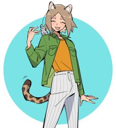 Rule 34 | 1boy, ^ ^, animal, animal ears, animal on shoulder, blue eyes, cat ears, cat tail, closed eyes, cropped legs, fang, green jacket, green shirt, heterochromia, isaac (adey), jacket, male focus, medium hair, mouse (animal), open mouth, orange shirt, original, pants, parted bangs, shirt, simple background, skin fang, solo, tail, ten (lu2948d), white pants