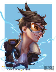 Rule 34 | 1girl, :d, blizzard (company), bomber jacket, brown eyes, brown hair, brown jacket, chest harness, collarbone, copyright name, fur trim, goggles, grin, harness, highres, jacket, nose, open mouth, overwatch, overwatch 1, pink lips, ranhao2181547, short hair, smile, solo, spiked hair, strap, swept bangs, teeth, tracer (overwatch), upper body
