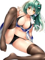 Rule 34 | 1girl, bad id, bad twitter id, bare shoulders, bikini, bikini under clothes, black bikini, black panties, black thighhighs, blush, breasts, breasts out, cleavage, closed mouth, collarbone, detached sleeves, dutch angle, feet, frog, frog hair ornament, green hair, hair between eyes, hair ornament, hair tubes, highres, kochiya sanae, lace, lace legwear, large breasts, long hair, looking at viewer, navel, no shoes, off shoulder, open clothes, open shirt, panties, shirt, simple background, sitting, smile, snake hair ornament, solo, spread legs, swimsuit, swimsuit under clothes, thighhighs, thighs, toes, touhou, tsukiriran, underwear, white background, yellow eyes