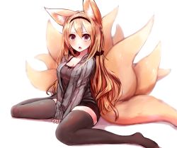 Rule 34 | 1girl, absurdres, animal ears, bad id, bad pixiv id, black thighhighs, blush, bow, breasts, chestnut mouth, cleavage, fang, fox ears, fox tail, frills, gasp, hair tie, headband, highres, large breasts, long hair, long sleeves, looking at viewer, medium breasts, multiple tails, open mouth, original, red eyes, red hair, shorts, simple background, sitting, solo, sukemyon, sweater, tail, thighhighs, twintails, wariza, white background, zettai ryouiki